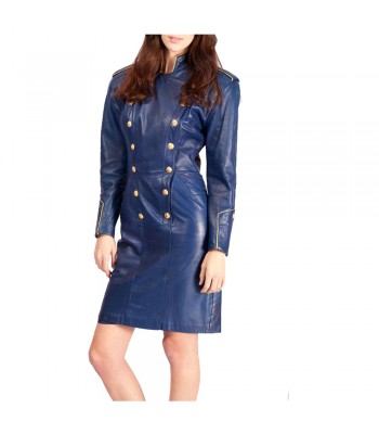 Women Trench Coat Stylish Admiral Blue Leather Coat Sale